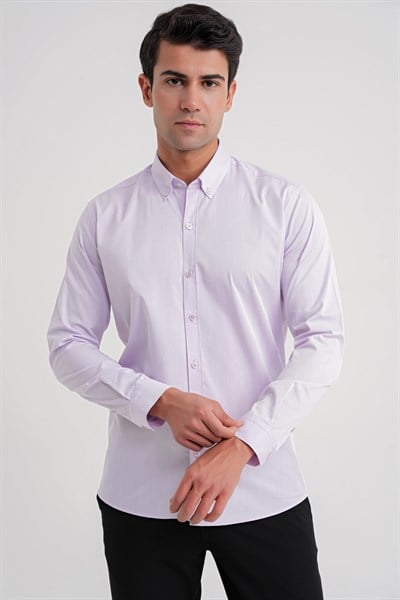 Slim Fit %100 Pamuk Düğme Yakalı Lila Gömlek GK 711