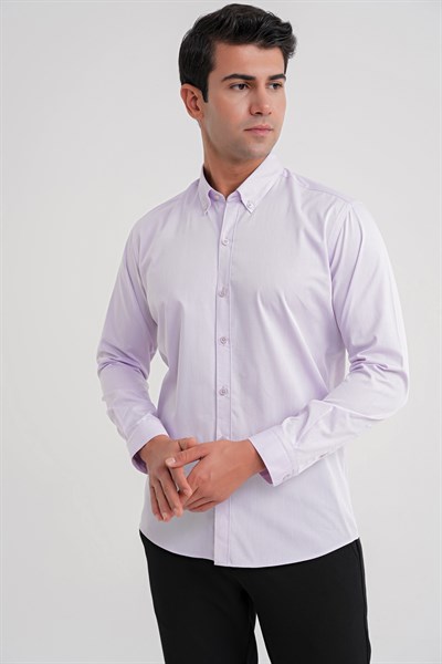 Slim Fit %100 Pamuk Düğme Yakalı Lila Gömlek GK 711