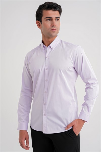 Slim Fit %100 Pamuk Düğme Yakalı Lila Gömlek GK 711