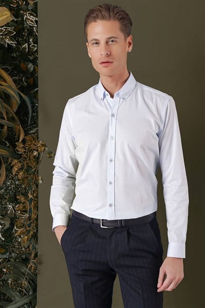 Slim Fit %100 Pamuk Düğme Yakalı Mavi Gömlek GK 711