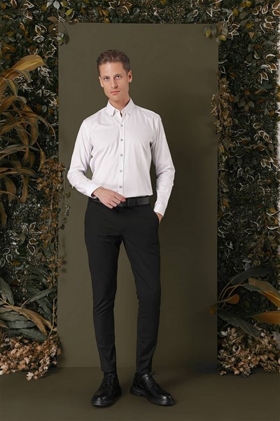 Slim Fit %100 Pamuk Düğme Yakalı Taş/Kırık Beyaz Gömlek GK 711