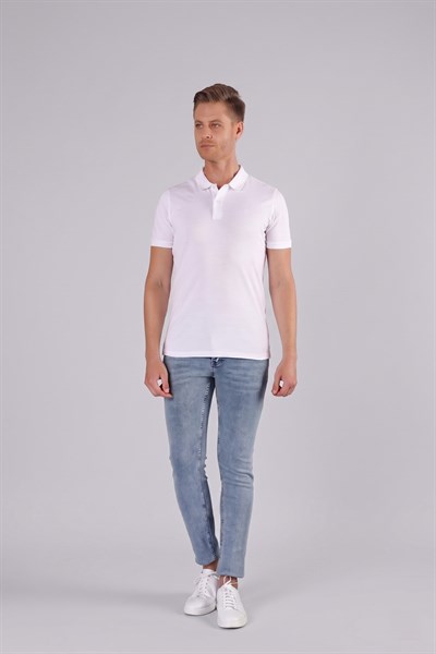 Slim Fit %100 Pamuk Düğmeli Beyaz Polo Yaka Tişört Ts 845