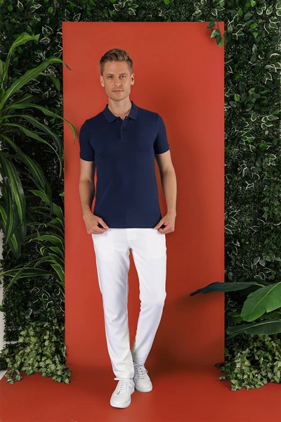 Slim Fit %100 Pamuk Düğmeli Lacivert Polo Yaka Tişört Ts 845