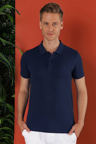 Slim Fit %100 Pamuk Düğmeli Lacivert Polo Yaka Tişört Ts 845