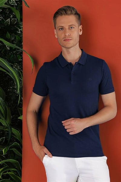 Slim Fit %100 Pamuk Düğmeli Lacivert Polo Yaka Tişört Ts 845