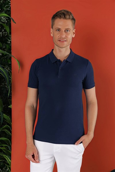 Slim Fit %100 Pamuk Düğmeli Lacivert Polo Yaka Tişört Ts 845