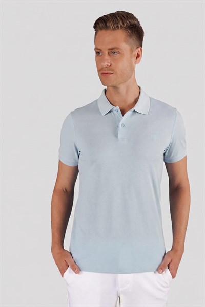 Slim Fit %100 Pamuk Düğmeli Mavi Polo Yaka Tişört Ts 845