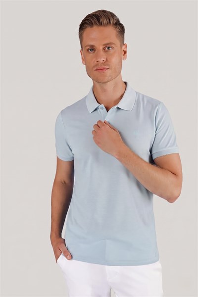 Slim Fit %100 Pamuk Düğmeli Mavi Polo Yaka Tişört Ts 845