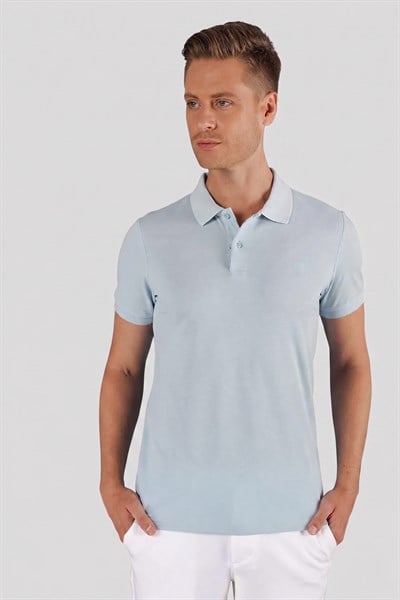 Slim Fit %100 Pamuk Düğmeli Mavi Polo Yaka Tişört Ts 845