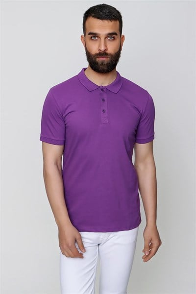 Slim Fit %100 Pamuk Düğmeli Mor Polo Yaka Tişört Ts 829