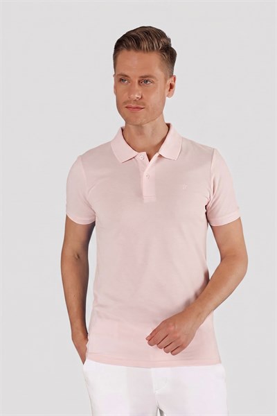 Slim Fit %100 Pamuk Düğmeli Pembe Polo Yaka Tişört Ts 845