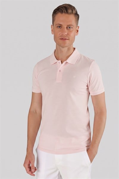Slim Fit %100 Pamuk Düğmeli Pembe Polo Yaka Tişört Ts 845