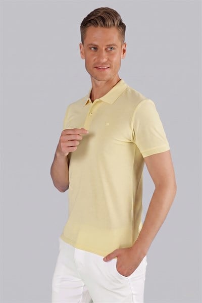 Slim Fit %100 Pamuk Düğmeli Sarı Polo Yaka Tişört Ts 845