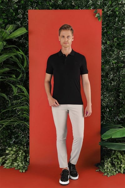 Slim Fit %100 Pamuk Düğmeli Siyah Polo Yaka Tişört Ts 845