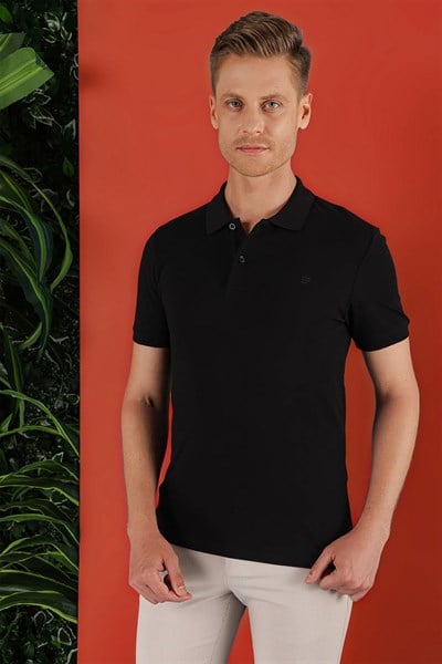 Slim Fit %100 Pamuk Düğmeli Siyah Polo Yaka Tişört Ts 845