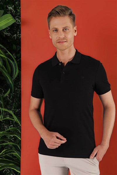 Slim Fit %100 Pamuk Düğmeli Siyah Polo Yaka Tişört Ts 845