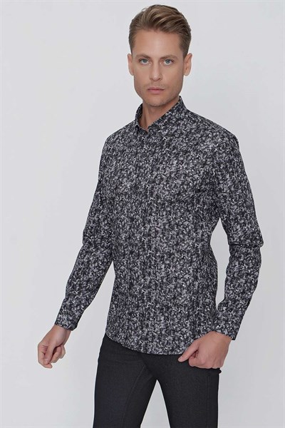 Slim Fit %100 Pamuk Düğmeli Yaka Desenli Siyah Gömlek G 1521