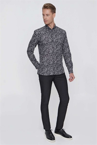 Slim Fit %100 Pamuk Düğmeli Yaka Desenli Siyah Gömlek G 1521