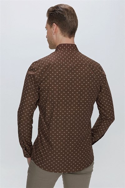 Slim Fit %100 Pamuk Düğmeli Yaka Desenli Kahverengi Gömlek G 1518
