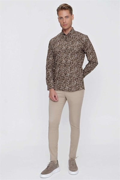 Slim Fit %100 Pamuk Düğmeli Yaka Desenli Tütün Gömlek G 1521