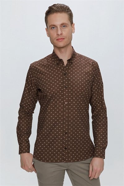 Slim Fit %100 Pamuk Düğmeli Yaka Desenli Kahverengi Gömlek G 1518
