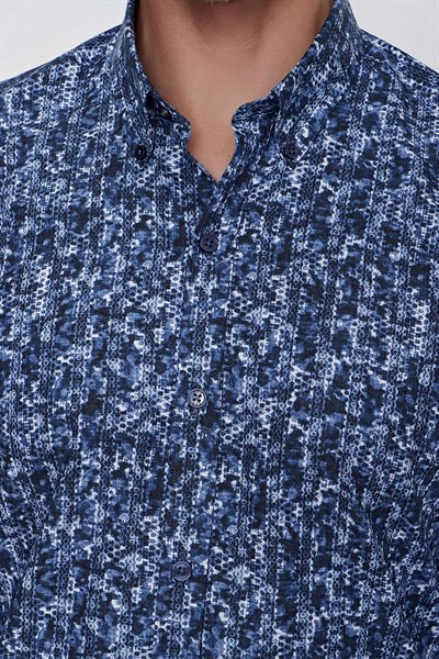 Slim Fit %100 Pamuk Düğmeli Yaka Desenli Lacivert Gömlek G 1521