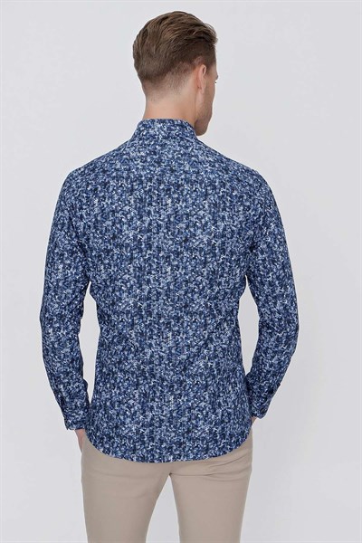 Slim Fit %100 Pamuk Düğmeli Yaka Desenli Lacivert Gömlek G 1521