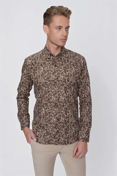 Slim Fit %100 Pamuk Düğmeli Yaka Desenli Tütün Gömlek G 1521
