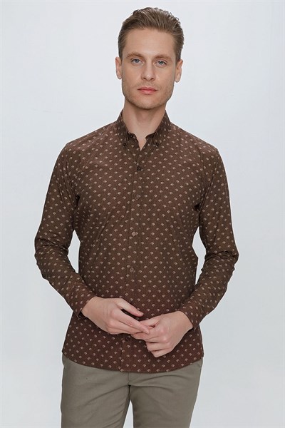Slim Fit %100 Pamuk Düğmeli Yaka Desenli Kahverengi Gömlek G 1518