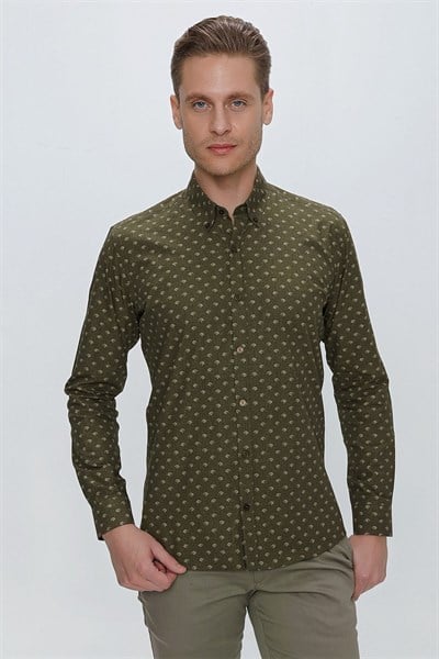 Slim Fit %100 Pamuk Düğmeli Yaka Desenli Haki Gömlek G 1518
