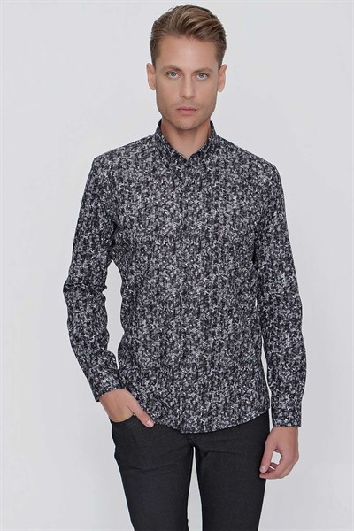 Slim Fit %100 Pamuk Düğmeli Yaka Desenli Siyah Gömlek G 1521