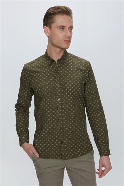 Slim Fit %100 Pamuk Düğmeli Yaka Desenli Haki Gömlek G 1518