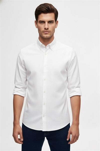 Slim Fit %100 Pamuk Düğmeli Yaka Oxford Beyaz Gömlek GK 2026