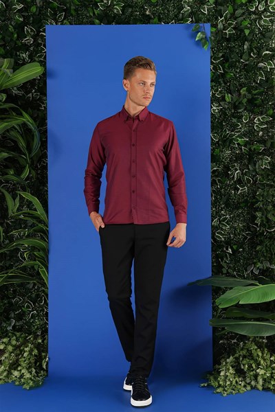 Slim Fit %100 Pamuk Düğmeli Yaka Oxfort Bordo Gömlek GK 685