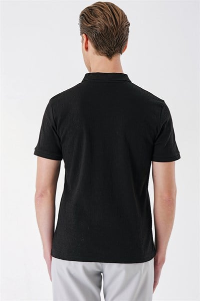 Slim Fit %100 Pamuk Fermuarlı Polo Yaka Siyah Tişört TS 877