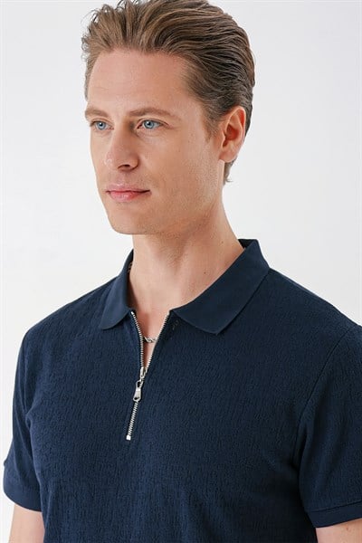 Slim Fit %100 Pamuk Fermuarlı Polo Yaka Lacivert Tişört TS 877