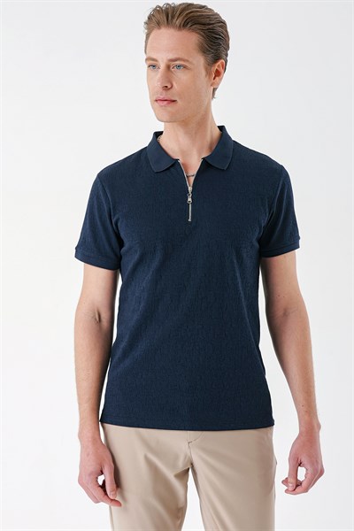 Slim Fit %100 Pamuk Fermuarlı Polo Yaka Lacivert Tişört TS 877