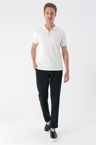 Slim Fit %100 Pamuk Fermuarlı Polo Yaka Ekru Tişört TS 877