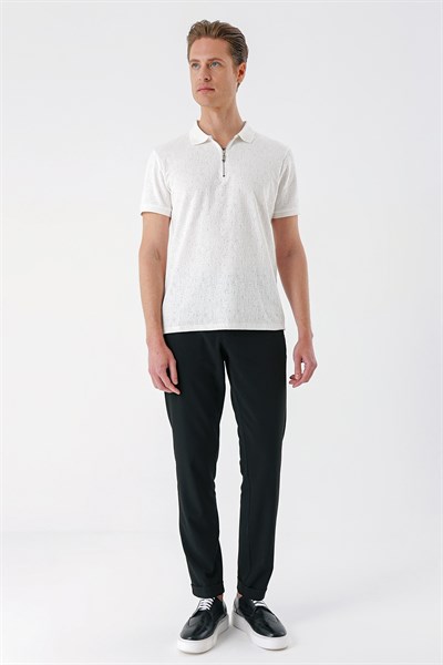 Slim Fit %100 Pamuk Fermuarlı Polo Yaka Ekru Tişört TS 877