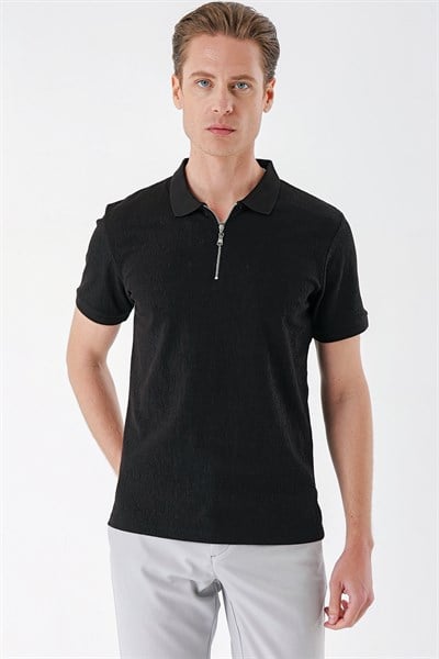Slim Fit %100 Pamuk Fermuarlı Polo Yaka Siyah Tişört TS 877