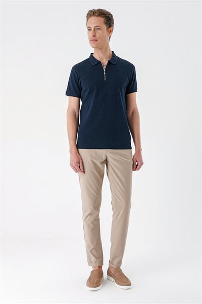 Slim Fit %100 Pamuk Fermuarlı Polo Yaka Lacivert Tişört TS 877