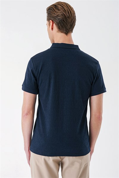 Slim Fit %100 Pamuk Fermuarlı Polo Yaka Lacivert Tişört TS 877
