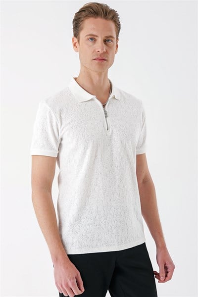 Slim Fit %100 Pamuk Fermuarlı Polo Yaka Ekru Tişört TS 877