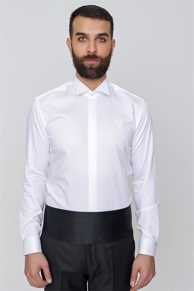 Slim Fit %100 Pamuk Gizli Düğmeli Ata Yaka Beyaz Gömlek GK 640