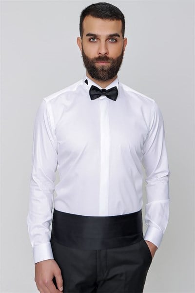 Slim Fit %100 Pamuk Gizli Düğmeli Ata Yaka Beyaz Gömlek GK 640