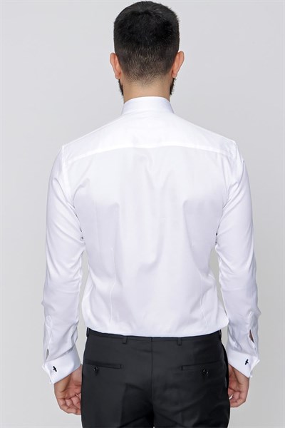 Slim Fit %100 Pamuk Gizli Düğmeli Ata Yaka Beyaz Gömlek GK 640