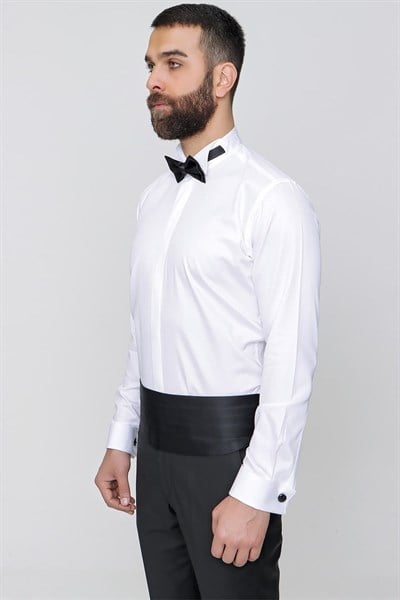 Slim Fit %100 Pamuk Gizli Düğmeli Ata Yaka Beyaz Gömlek GK 640