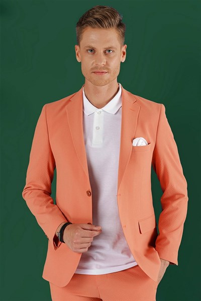 Slim Fit %100 Pamuk Gofre Kumaş Mercan Ceket C 647