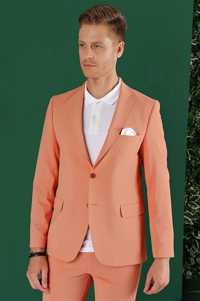 Slim Fit %100 Pamuk Gofre Kumaş Mercan Ceket C 647