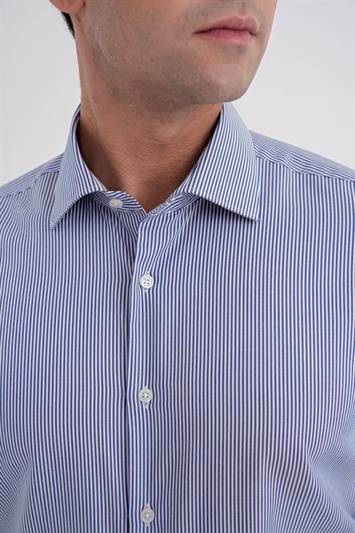 Slim Fit %100 Pamuk İtalyan Yaka Çizgili Lacivert Gömlek GK 751